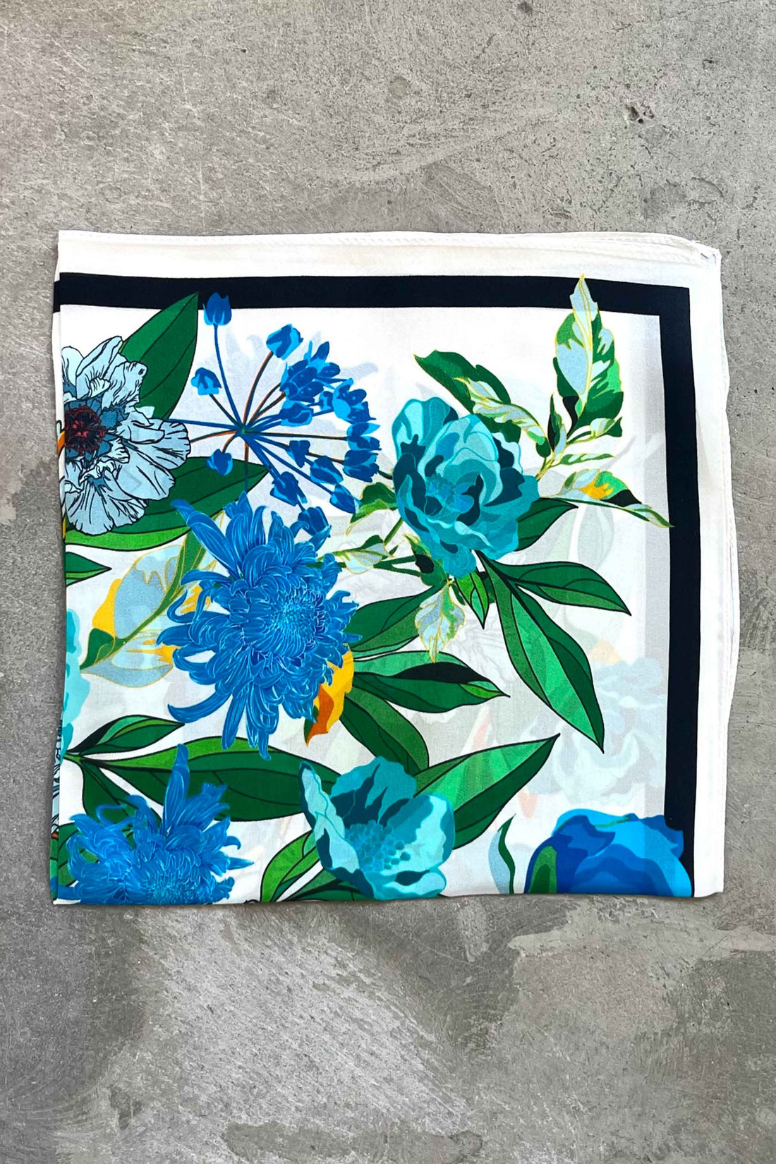 Silk scarf off white blue multi flower