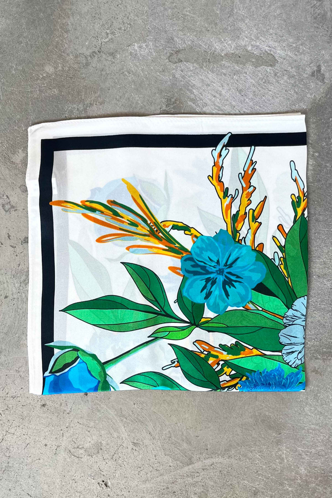 Silk scarf off white blue multi flower