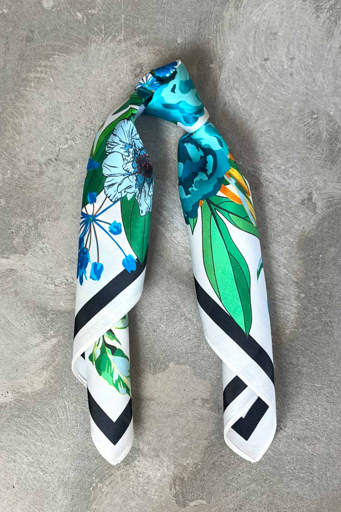 Silk scarf off white blue multi flower
