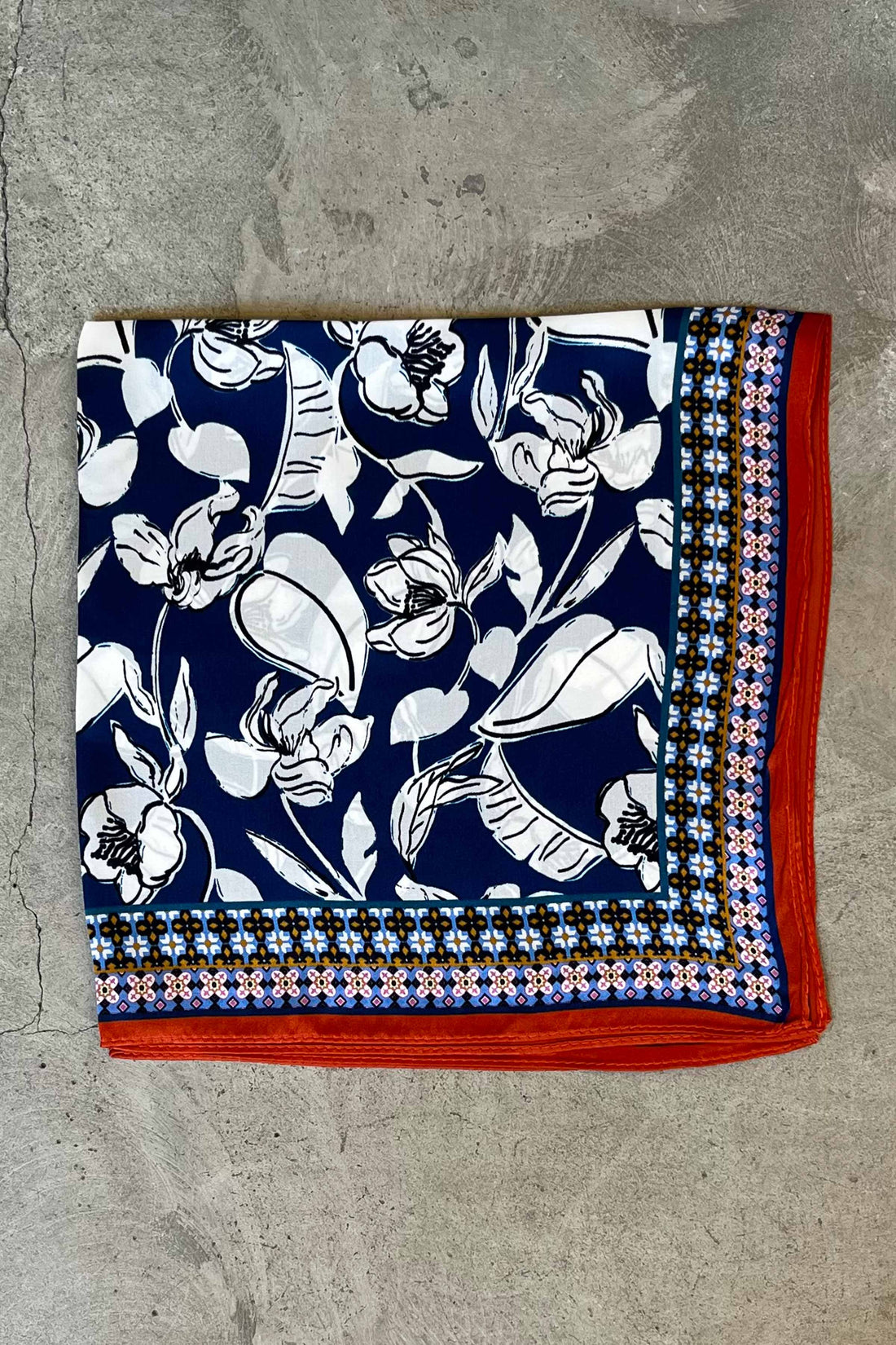 Silk scarf blue/white flower/orange/rose graphic