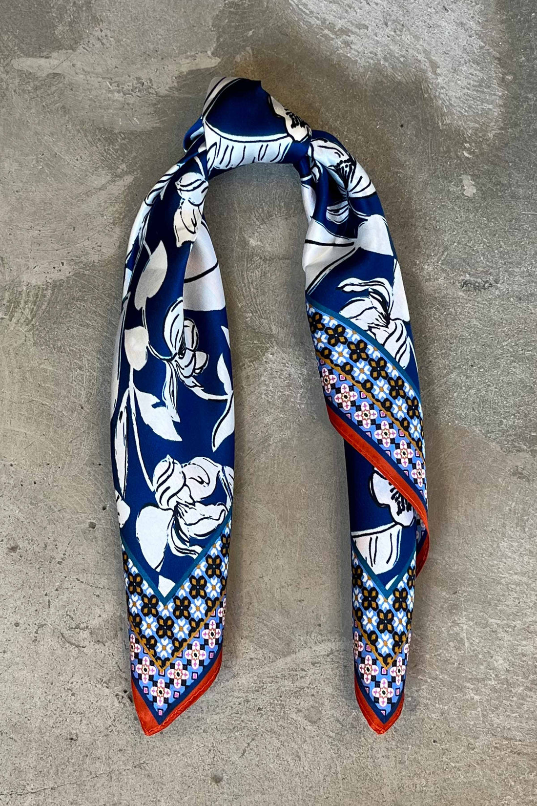 Silk scarf blue/white flower/orange/rose graphic
