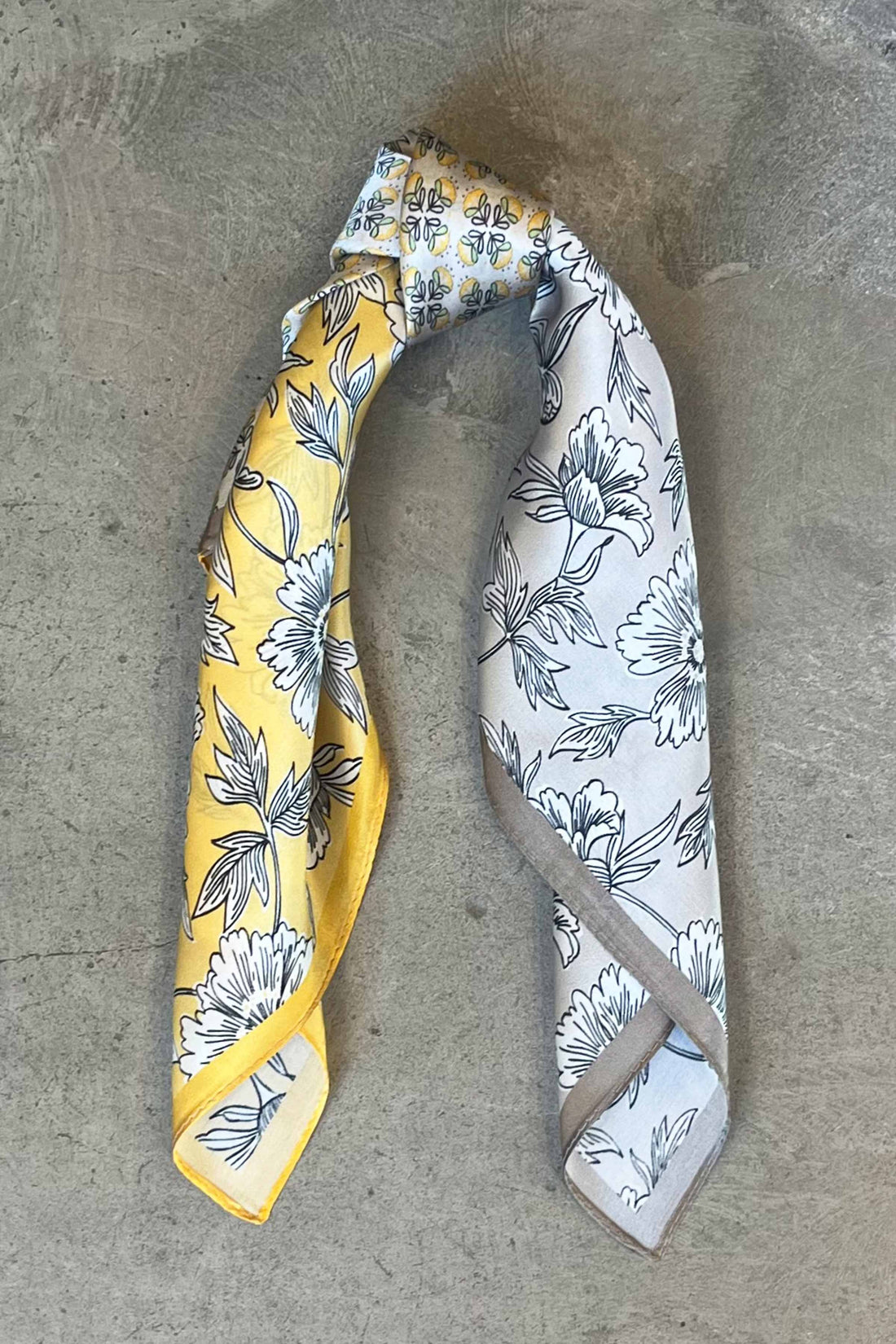 Silk scarf off white yellow graphic flower