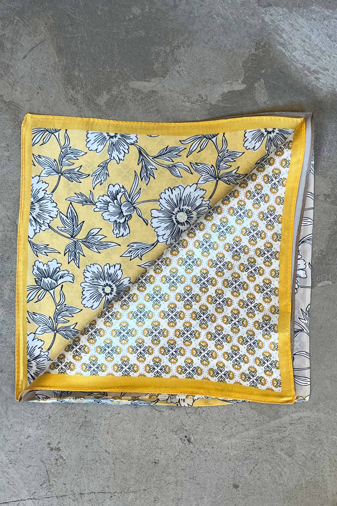 Silk scarf off white yellow graphic flower