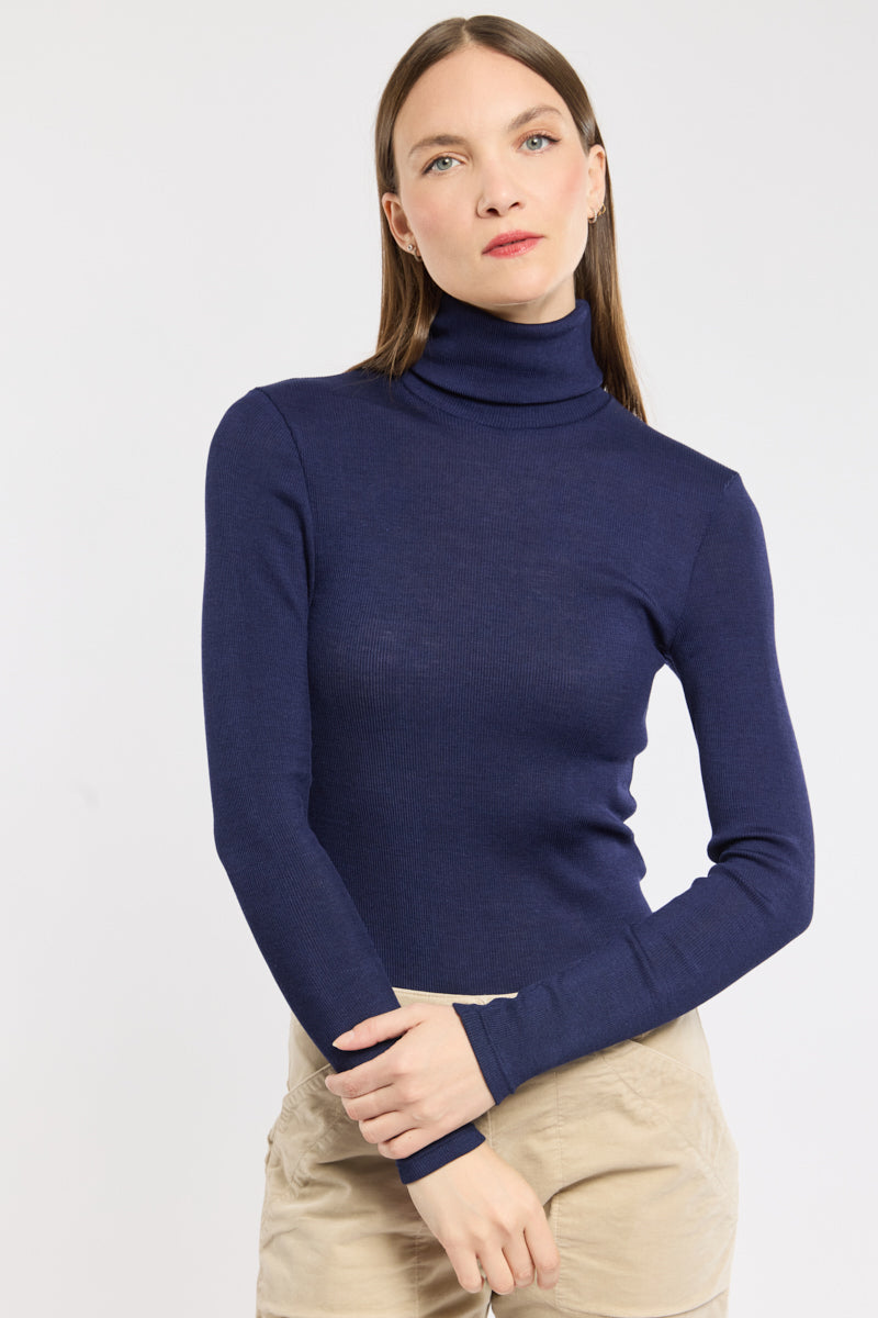 Armor Lux wool/silk rib roll neck indigo