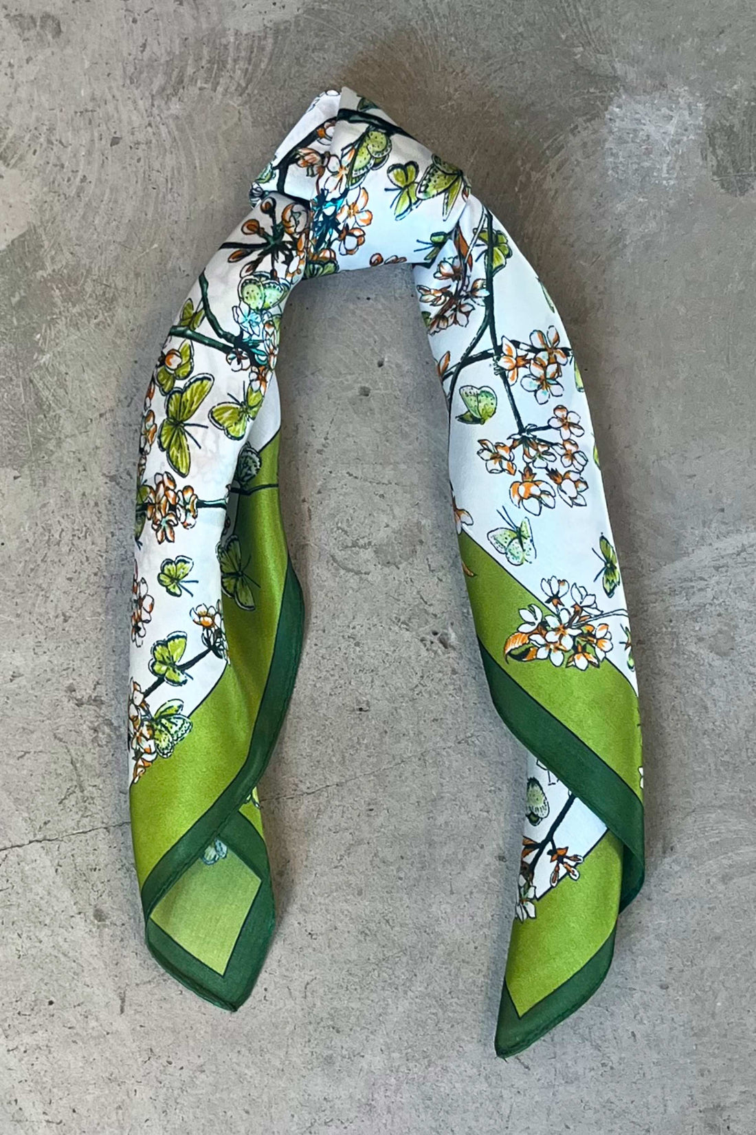 Silk scarf nude/lime butterflies and flowers
