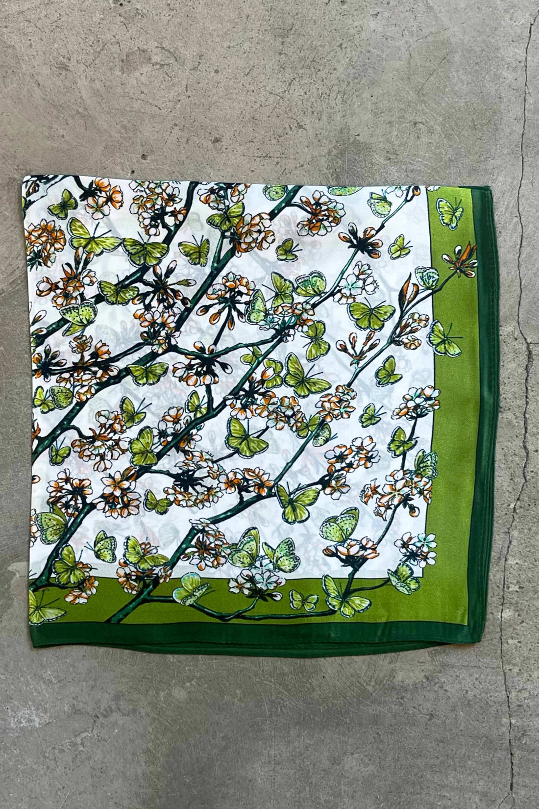 Silk scarf nude/lime butterflies and flowers