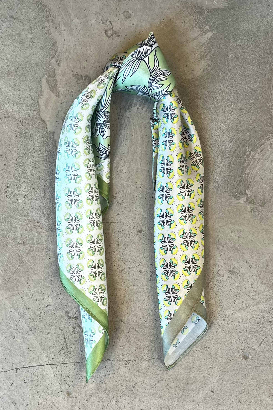 Silk scarf off white mint graphic flower