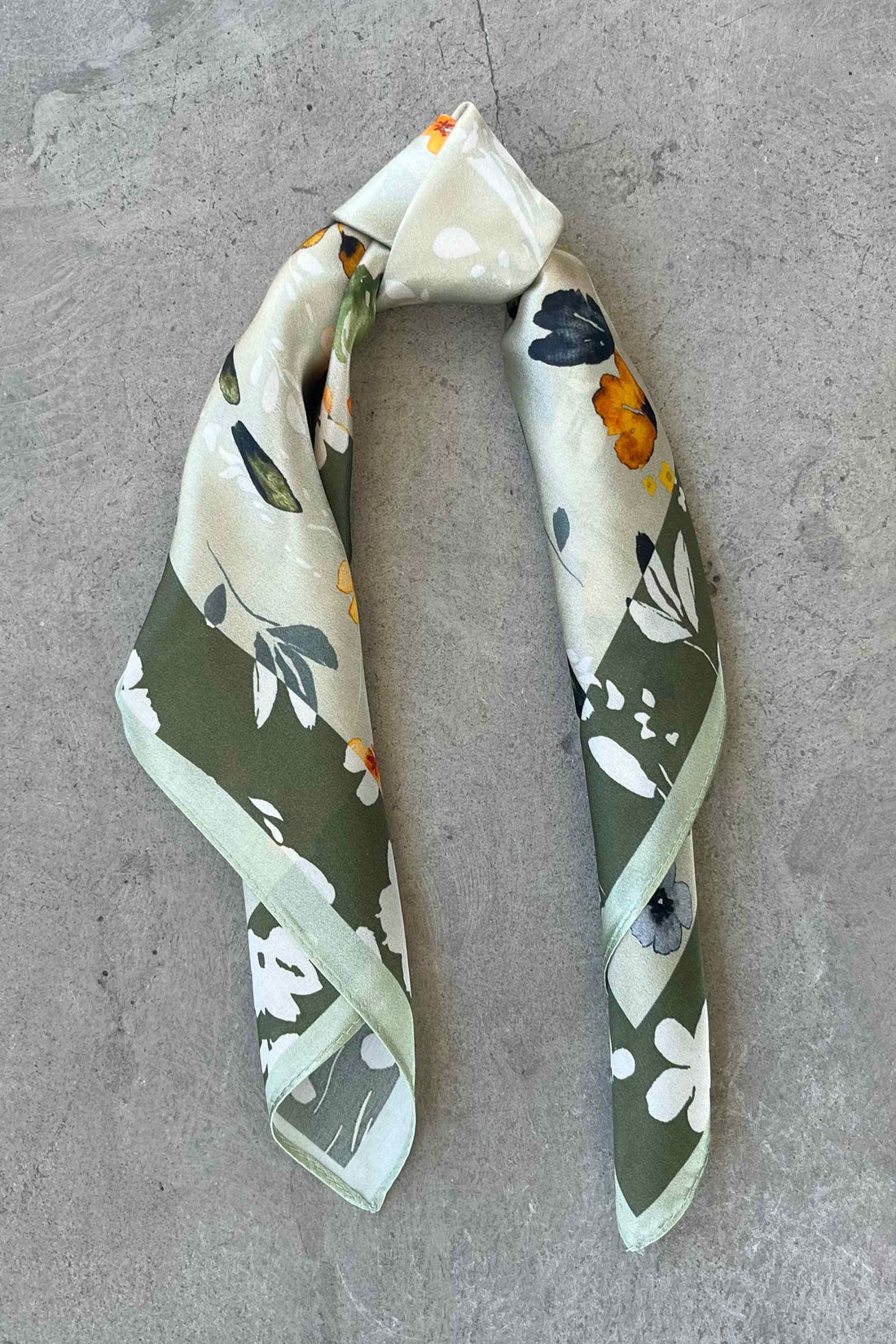 Silk scarf sage green/orange flower
