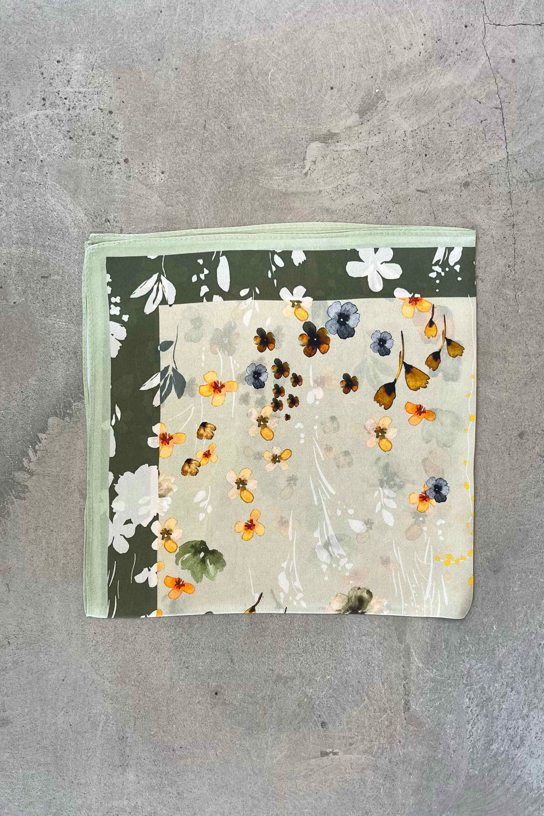 Silk scarf sage green/orange flower