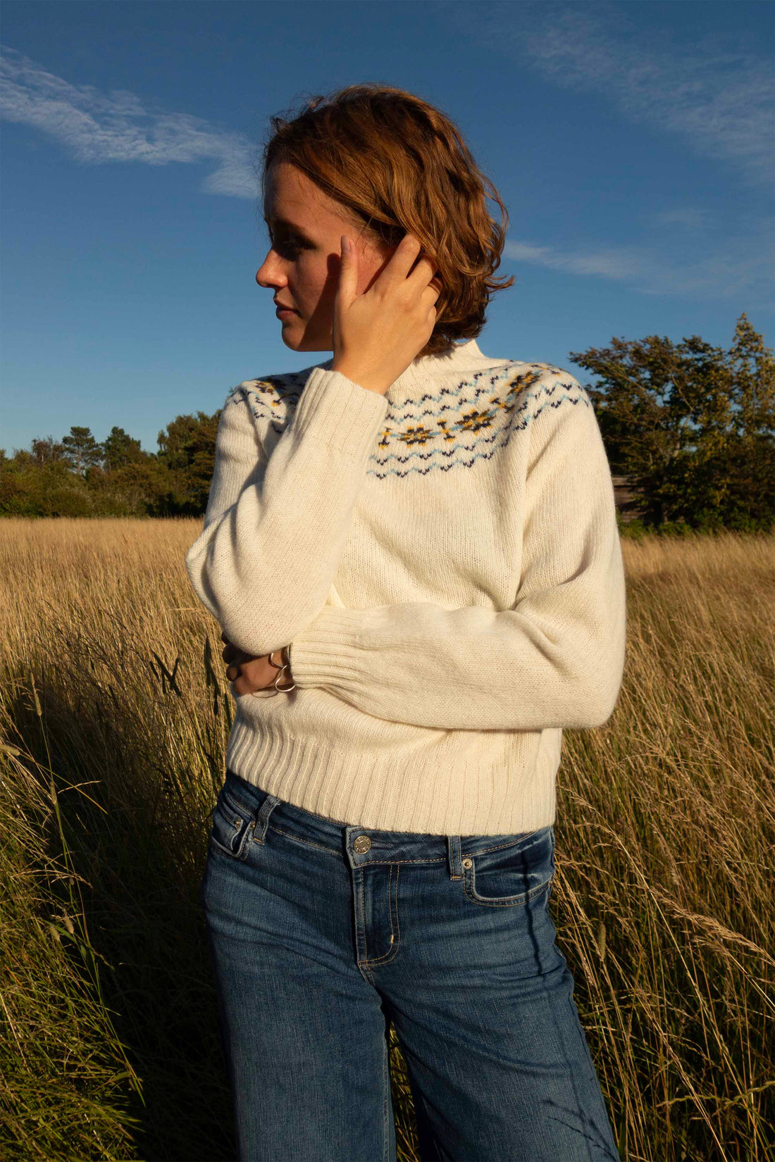 Lambswool fairisle yoke crew-neck snow white