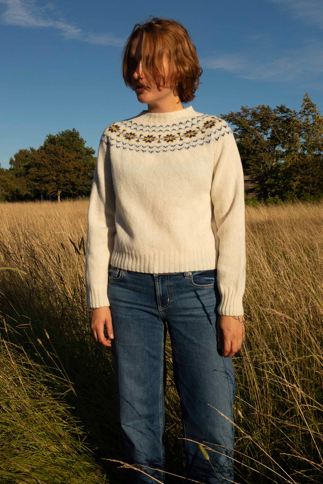 Lambswool fairisle yoke crew-neck snow white
