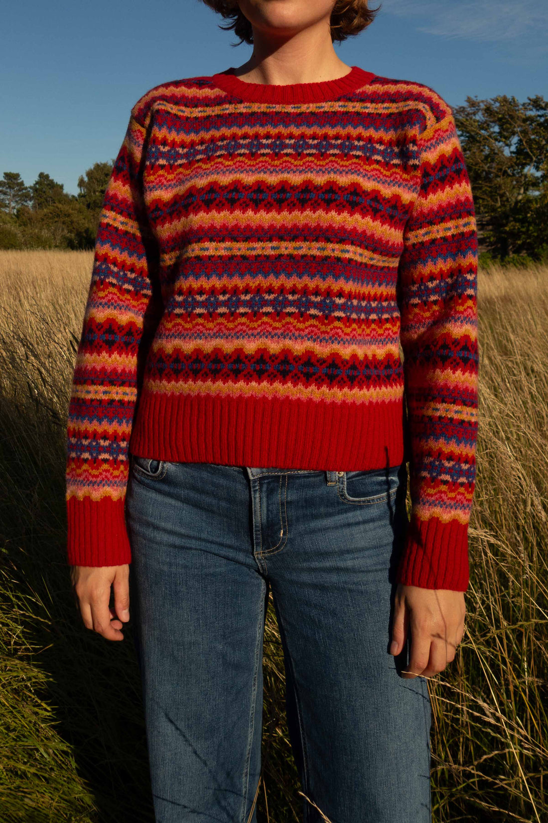 Lambswool fairisle pattern crew-neck cardinal