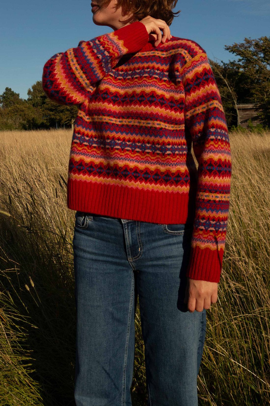 Lambswool fairisle pattern crew-neck cardinal
