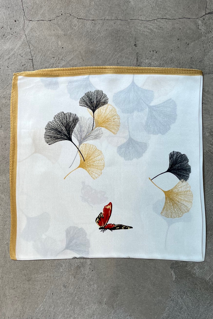 Silk scarf off-white/black and ochre yellow leaves