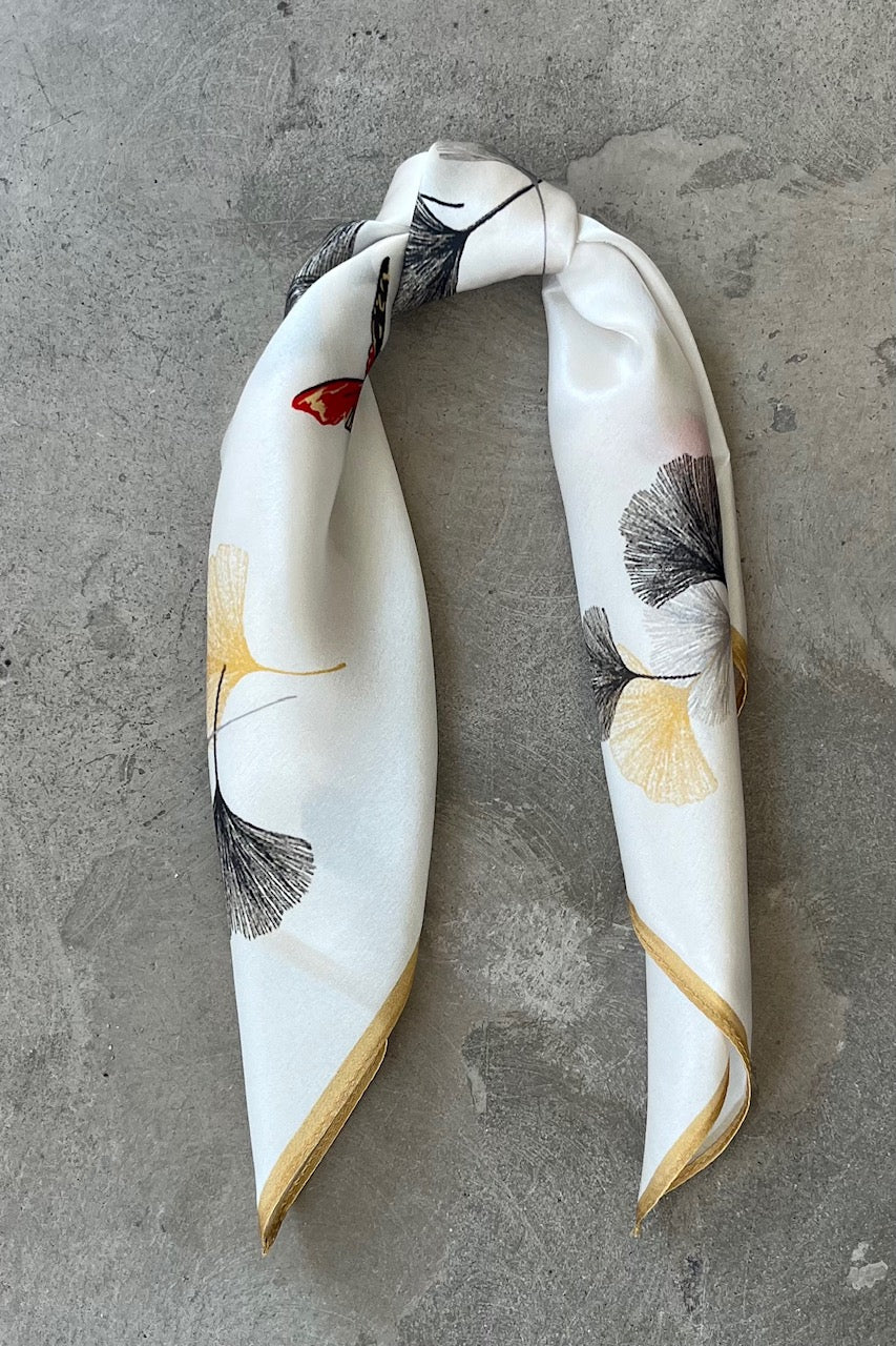 Silk scarf off-white/black and ochre yellow leaves