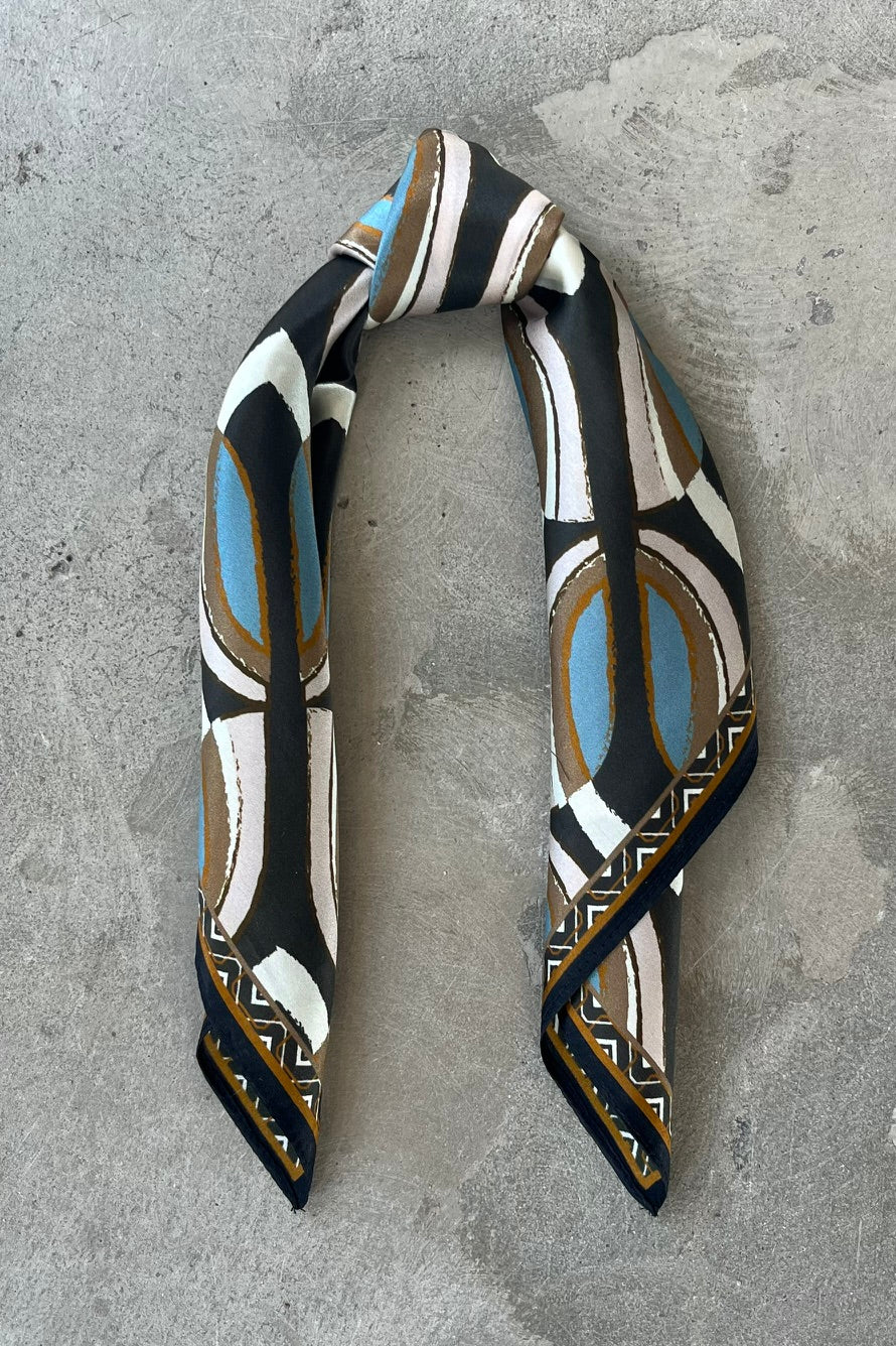Silk scarf dark brown/blue/rose graphic tulip