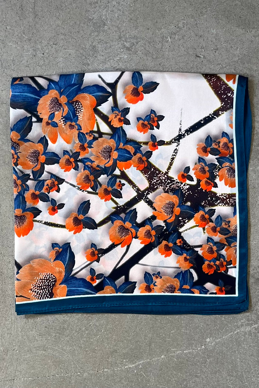 Silk scarf cream/blue/orange japanese flower