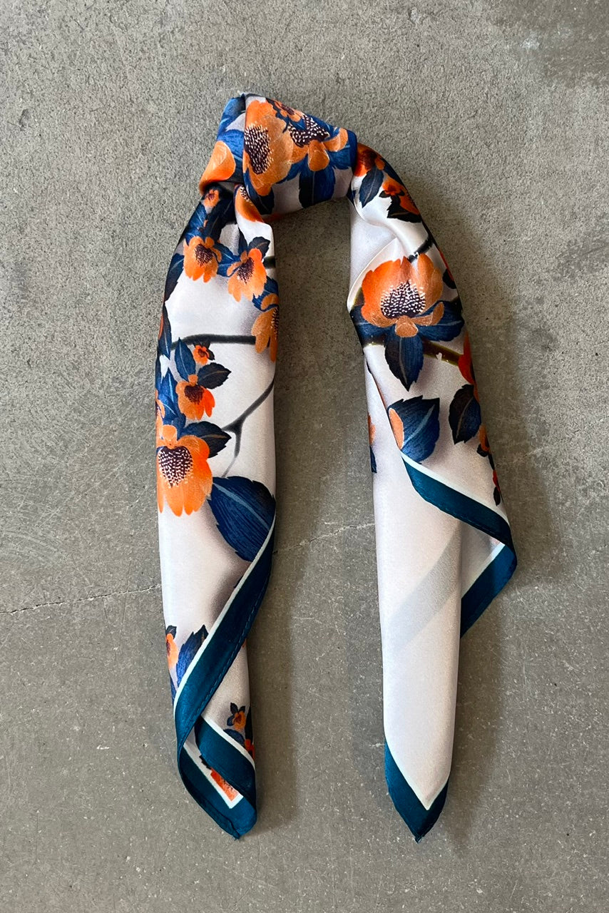 Silk scarf cream/blue/orange japanese flower