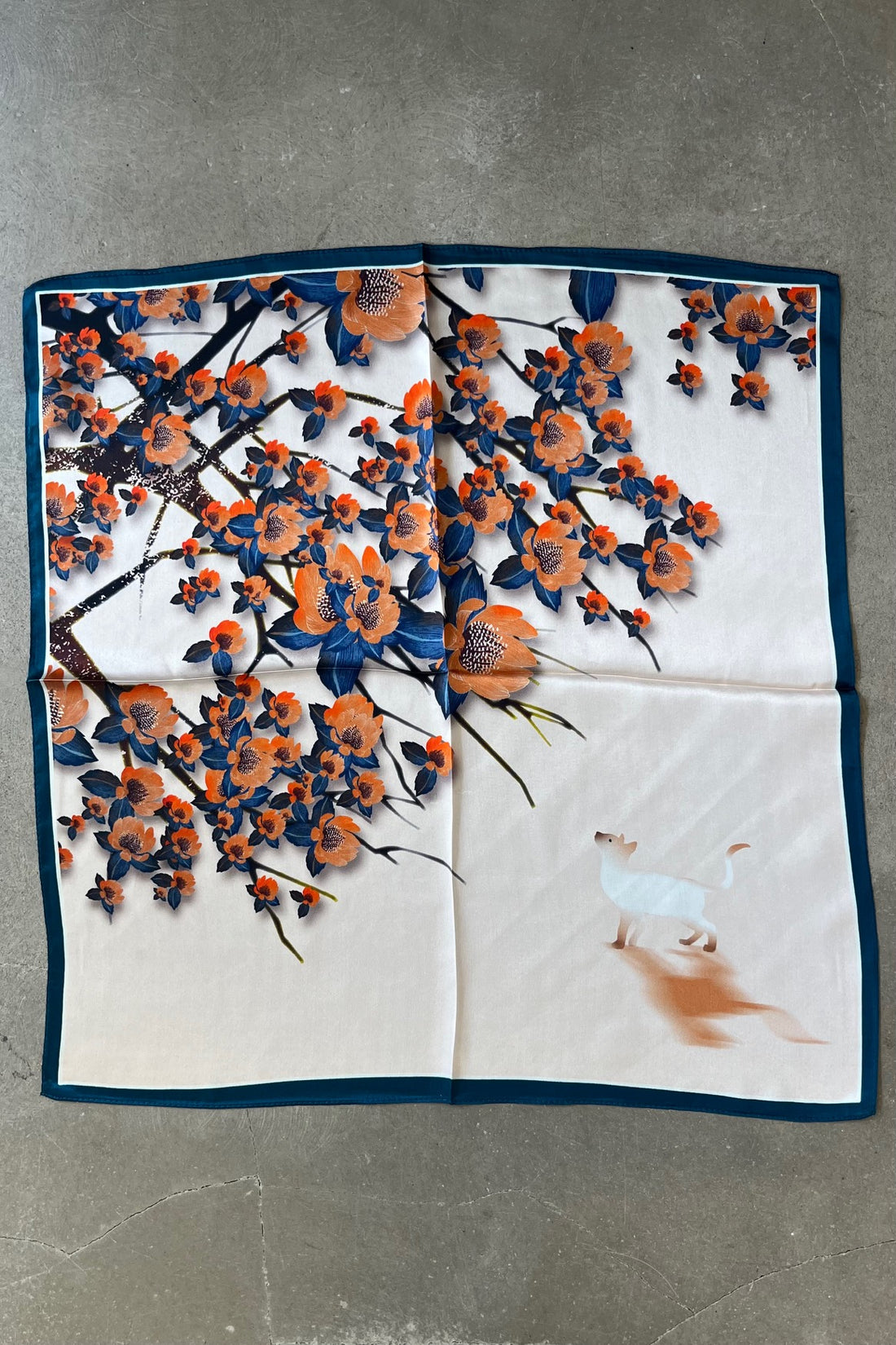 Silk scarf cream/blue/orange japanese flower
