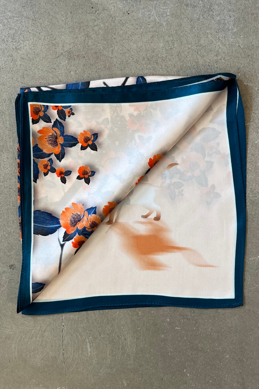 Silk scarf cream/blue/orange japanese flower