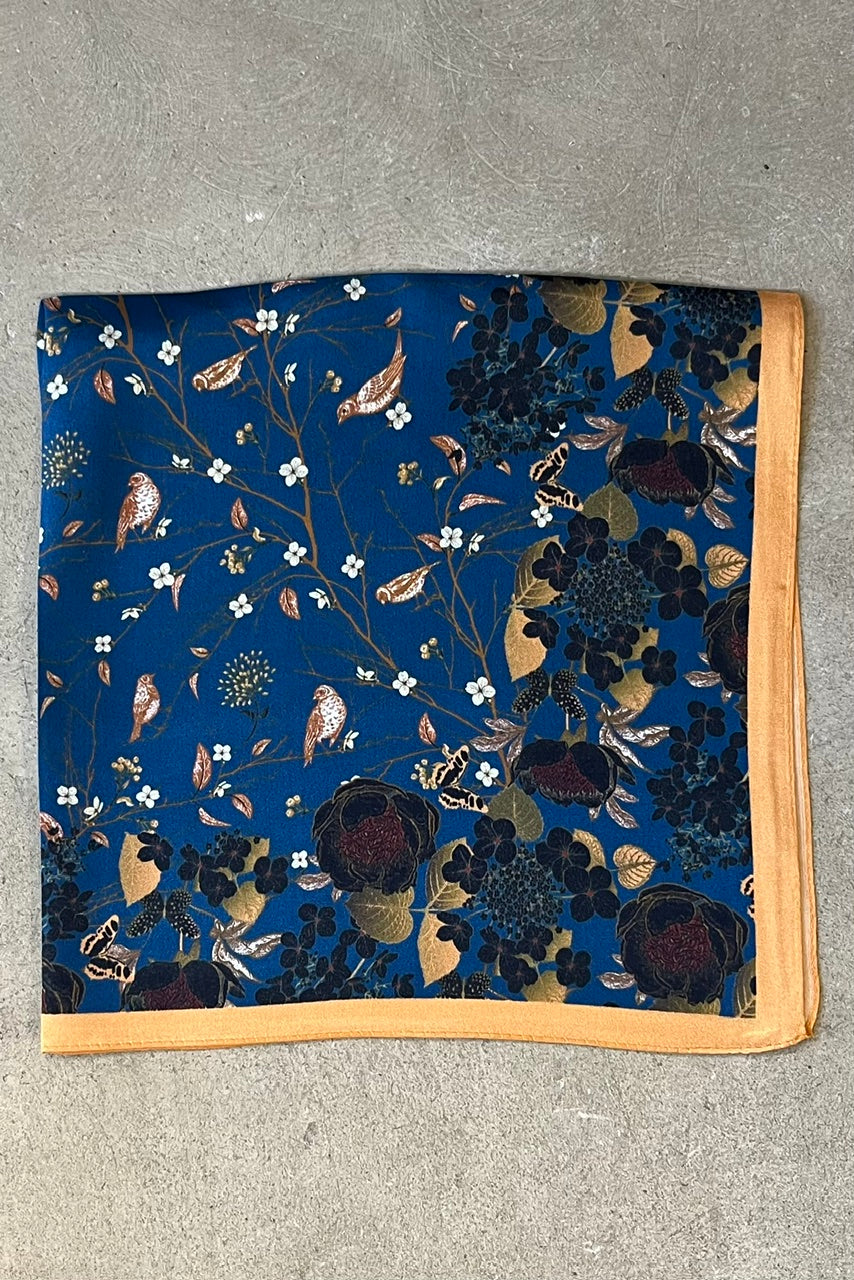 Silk scarf blue/golden brown flower/birds