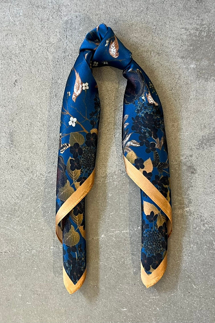 Silk scarf blue/golden brown flower/birds