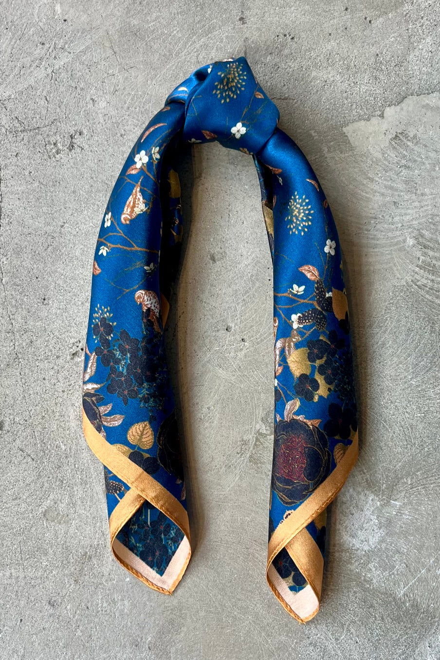 Silk scarf blue/golden brown flower/birds