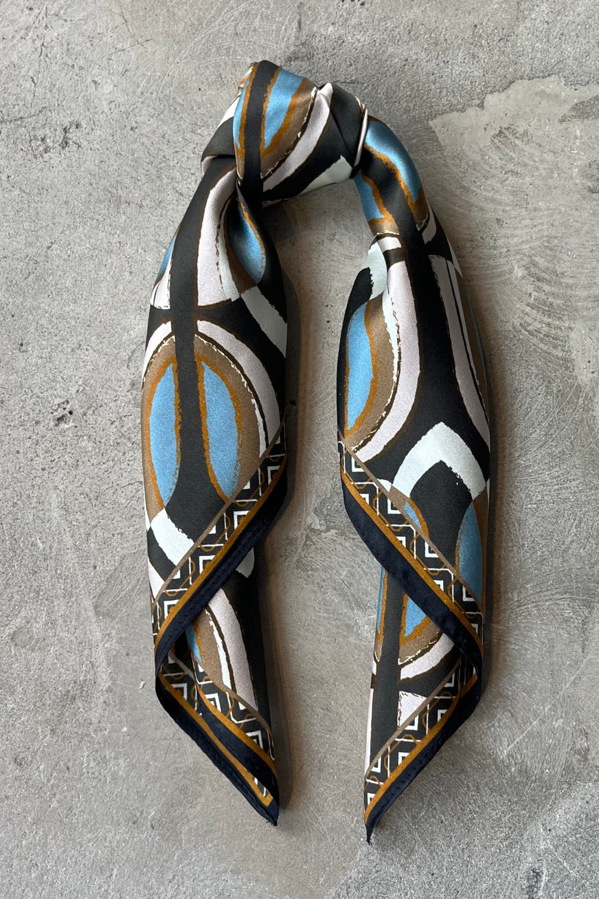 Silk scarf dark brown/blue/rose graphic tulip
