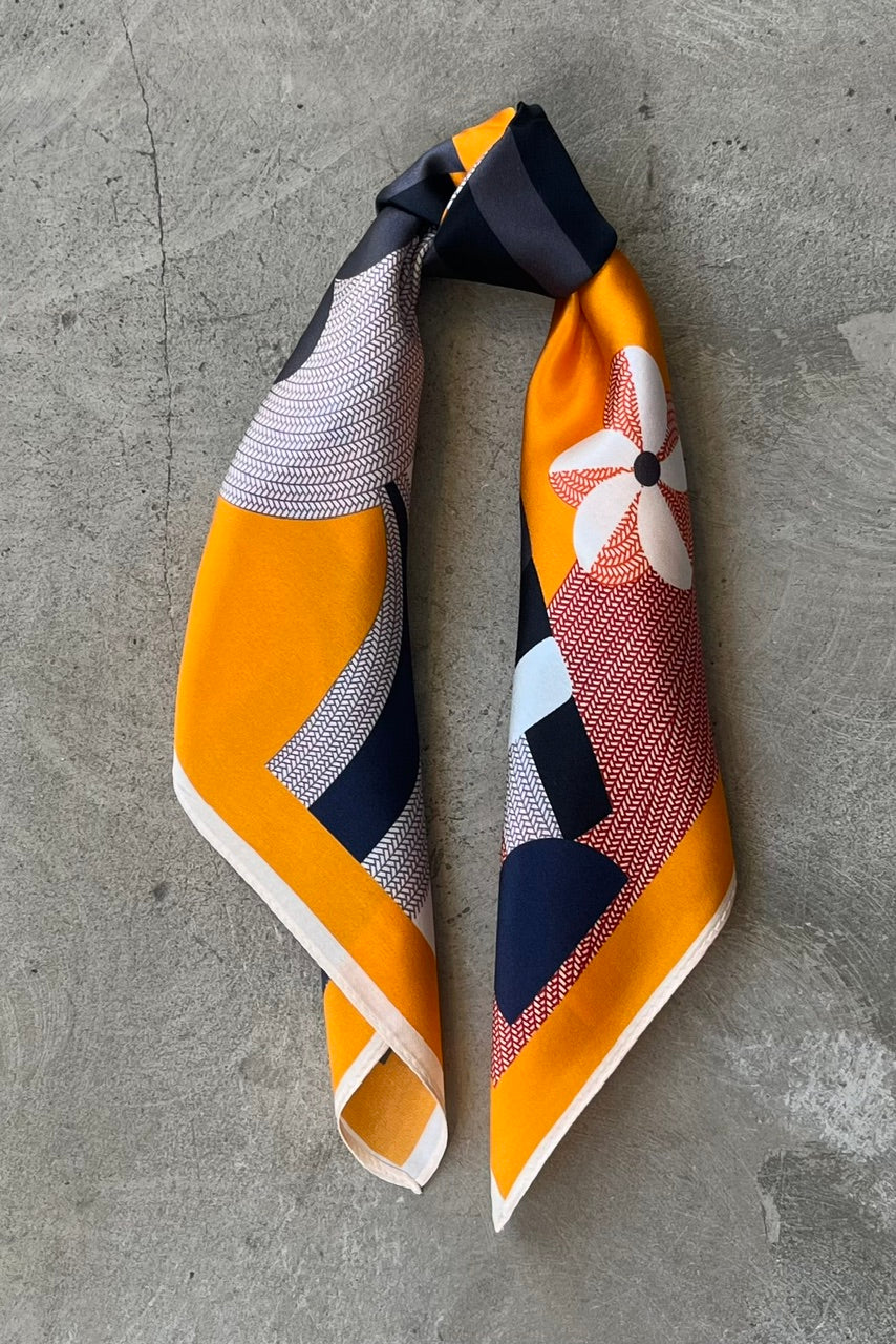 Silk scarf cream/yellow/red/blue graphic