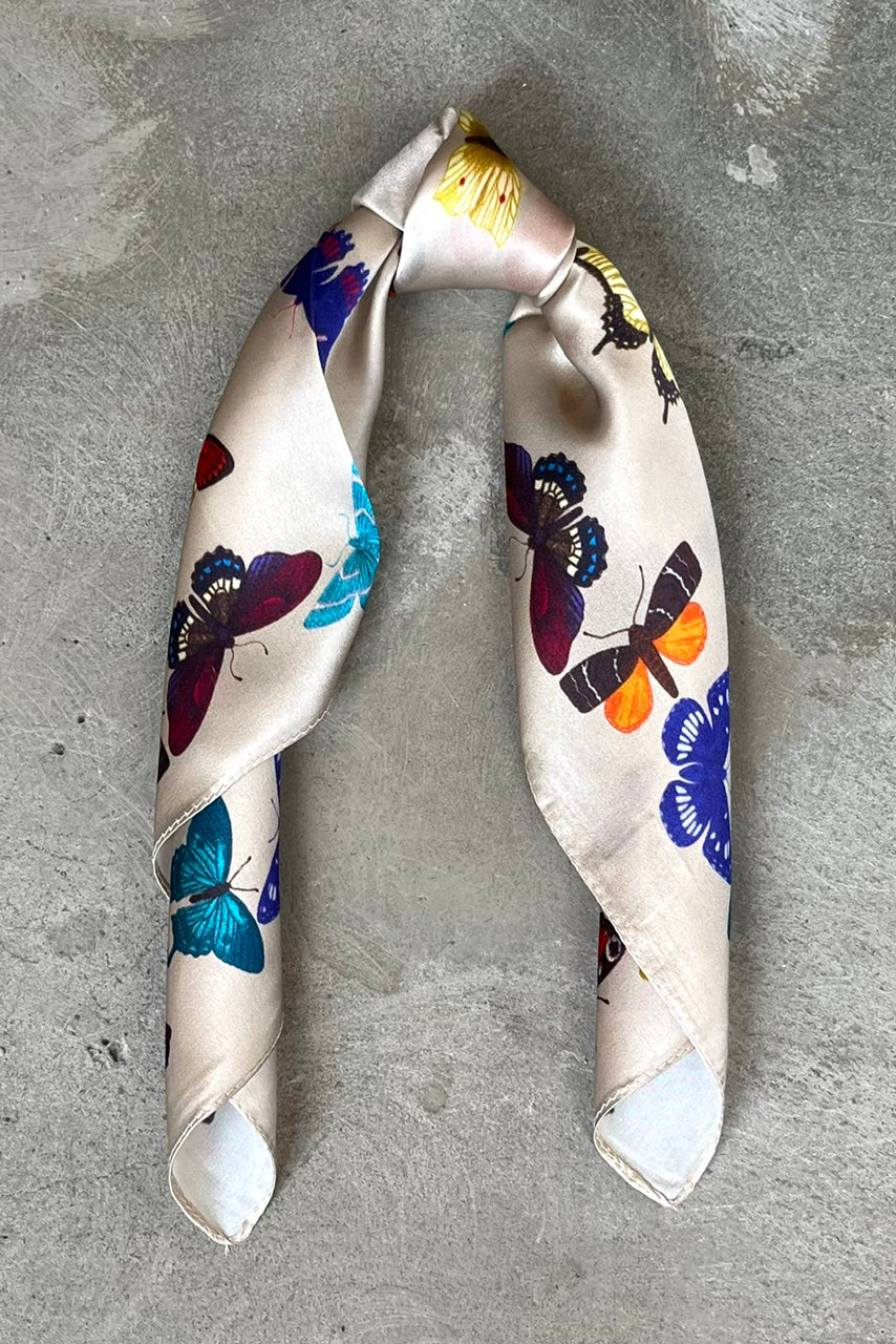 Silk scarf beige/multi butterflies