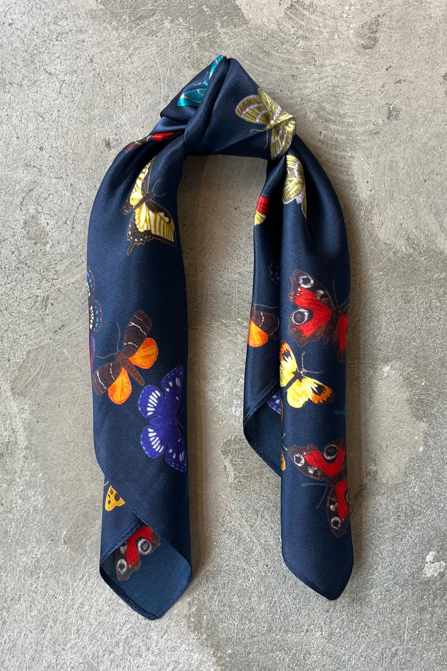 Silk scarf navy/multi butterflies