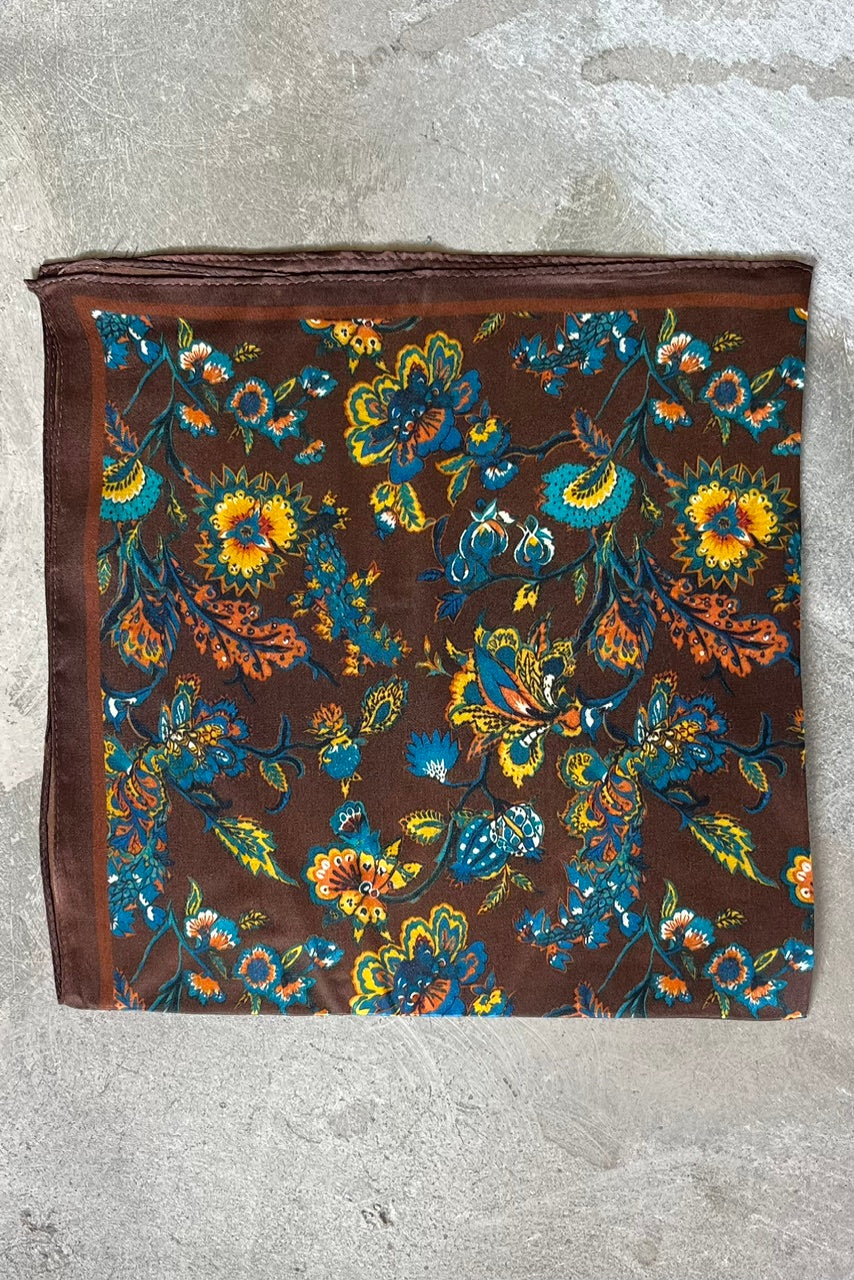 Silk scarf dark brown multi flower