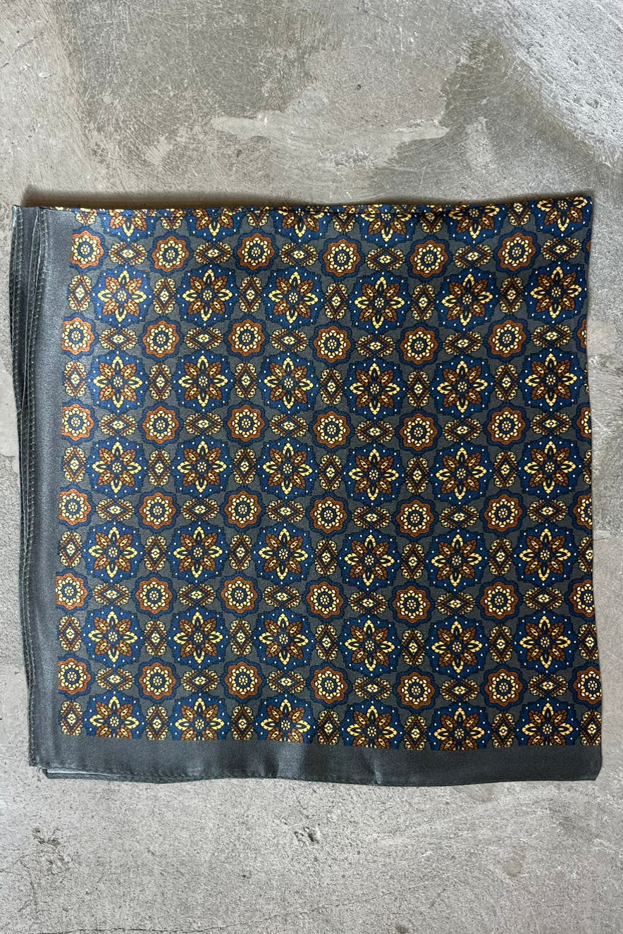 Silk scarf army/navy/yellow graphic flower