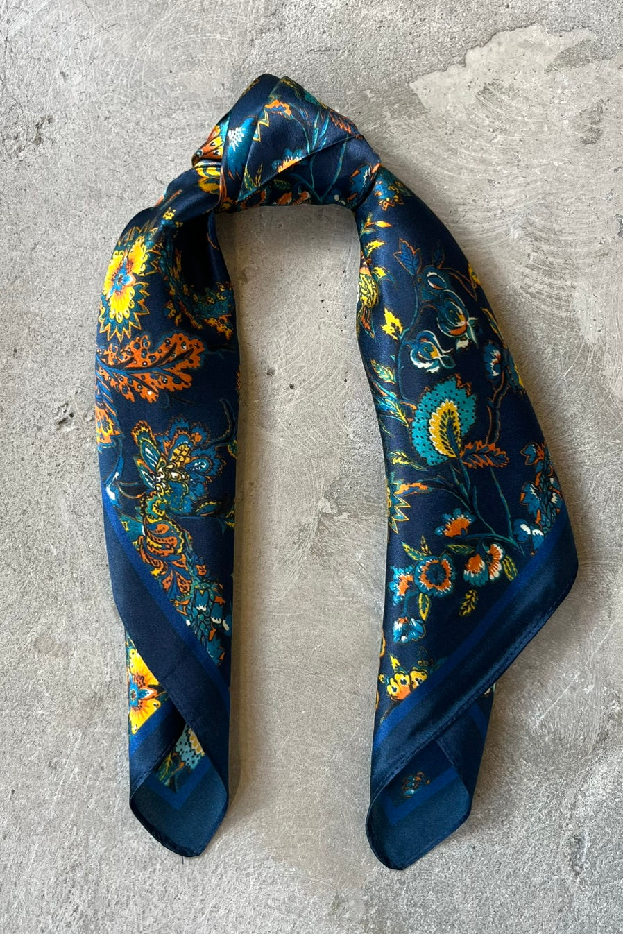 Silk scarf navy orange/yellow flower