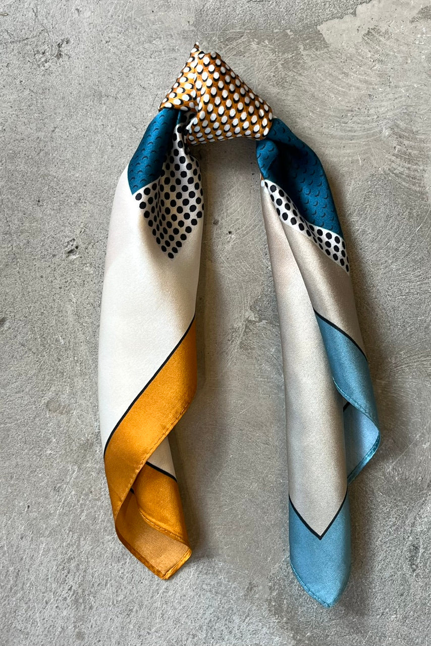Silk scarf orange/beige/blue graphic