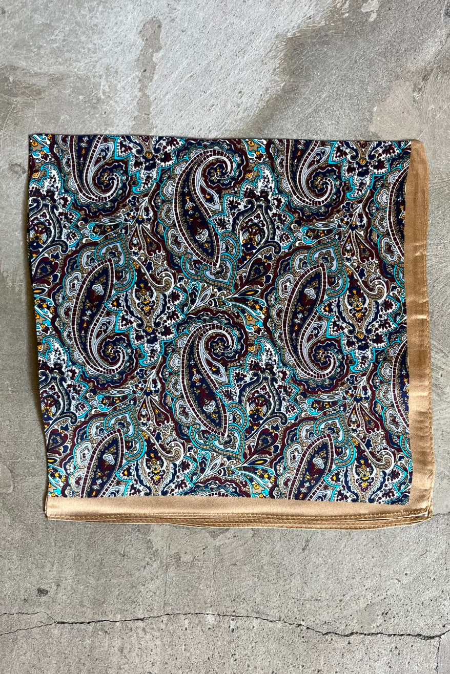 Silk scarf camel/turquoise multi paisley