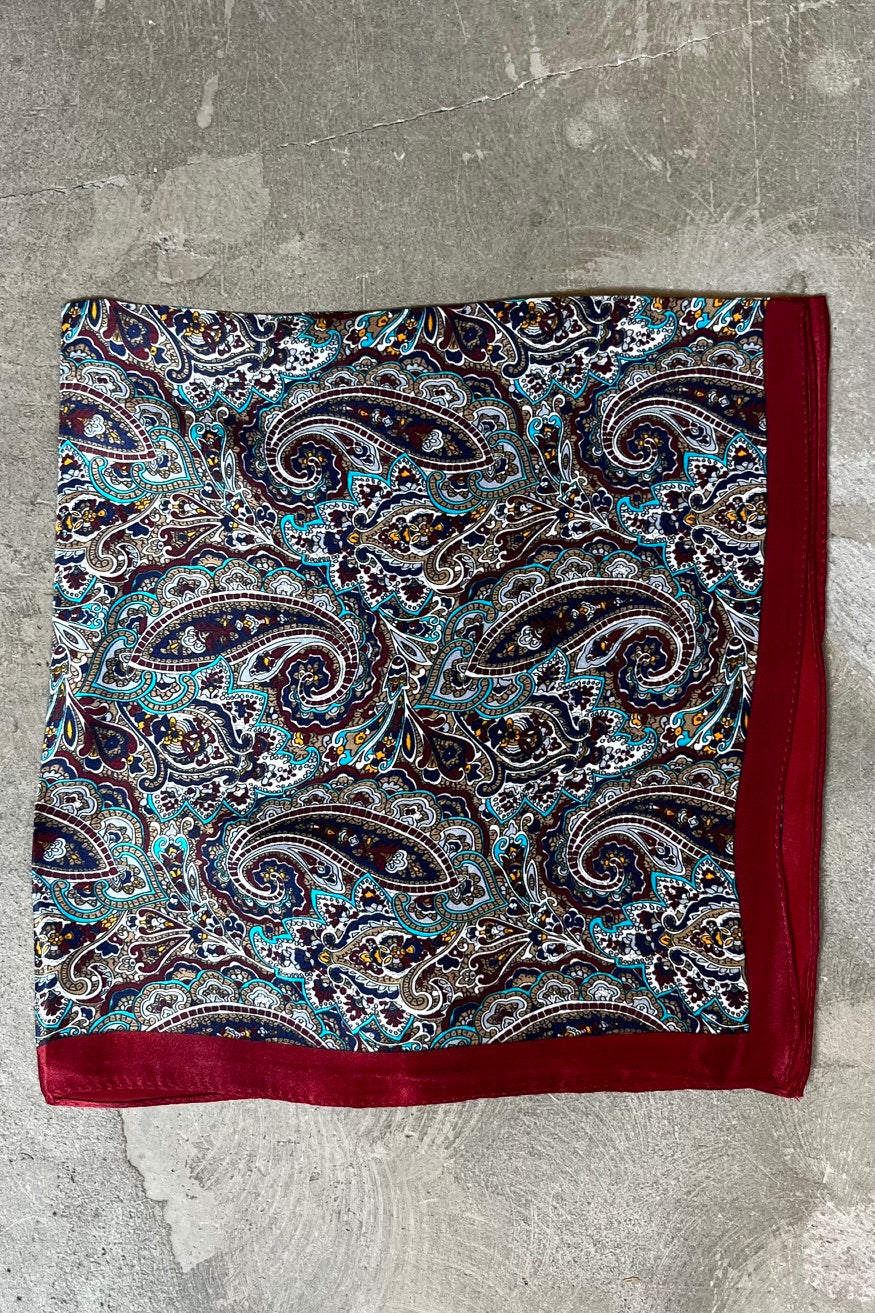 Silk scarf burgundy/turquoise multi paisley