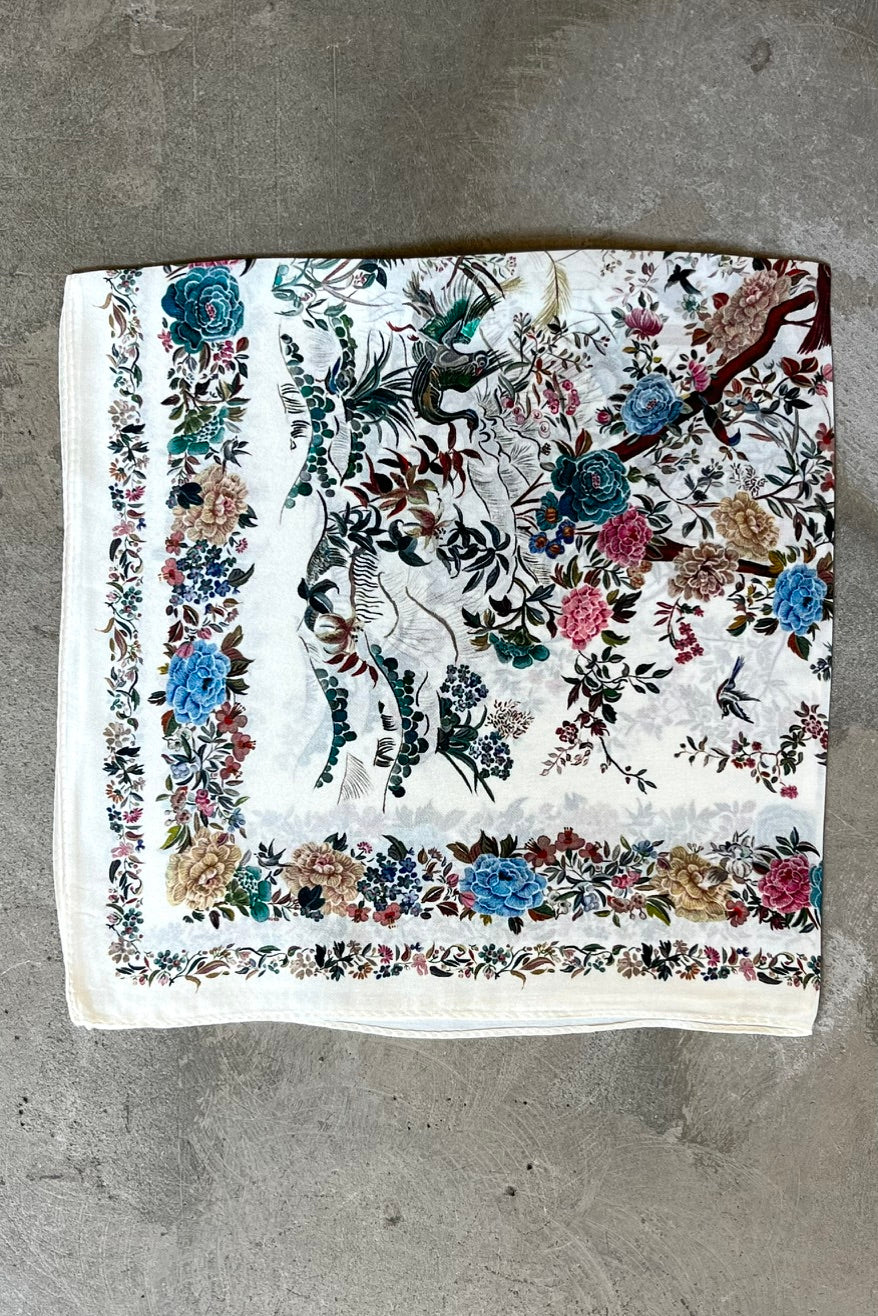 Silk scarf cream multi flower and birds