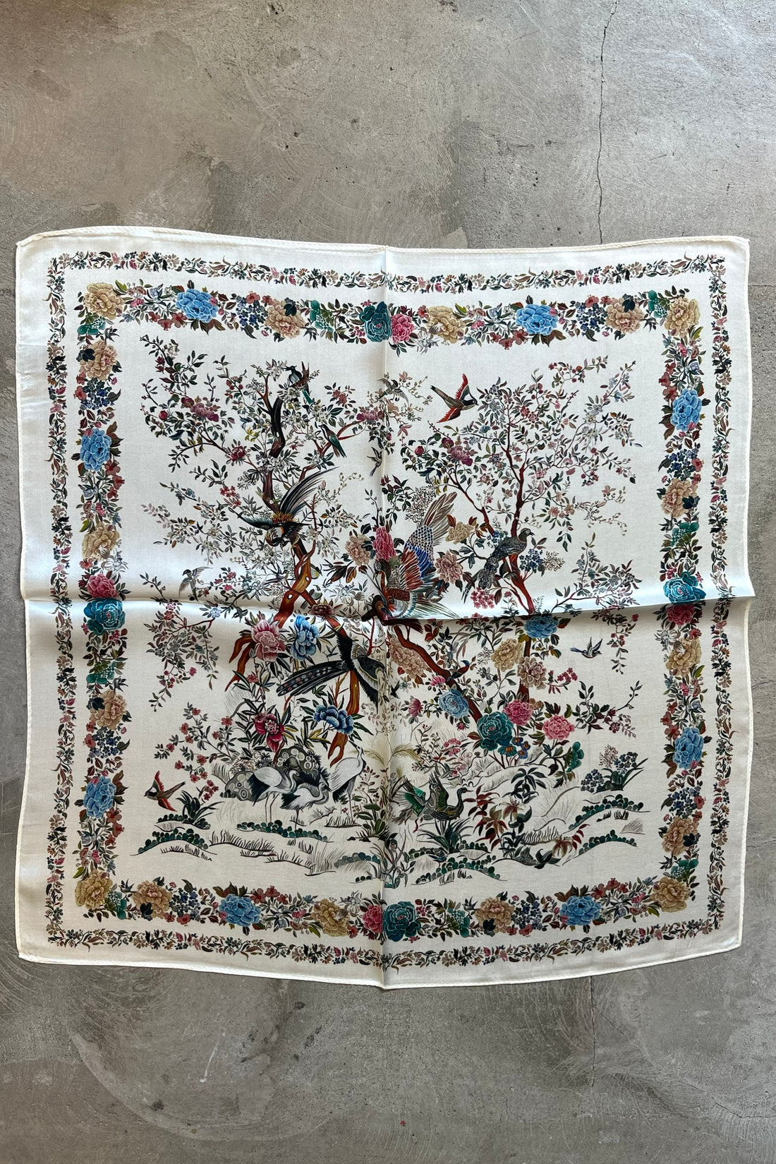 Silk scarf cream multi flower and birds