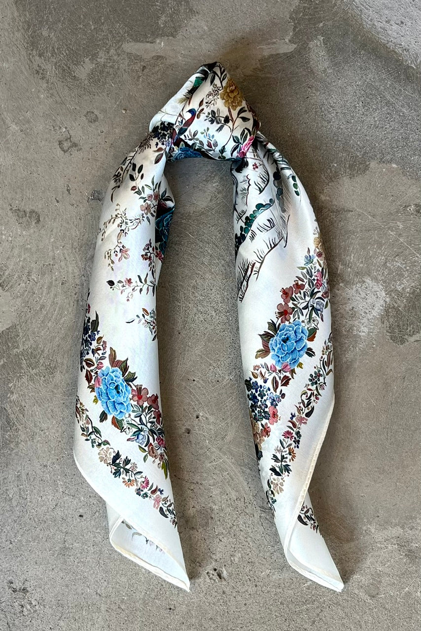 Silk scarf cream multi flower and birds