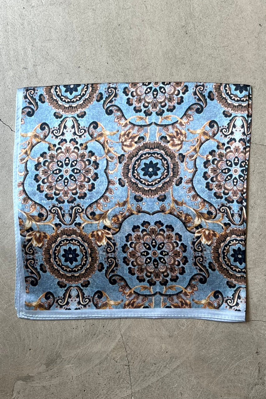 Silk scarf dove-blue/camel rococo flower