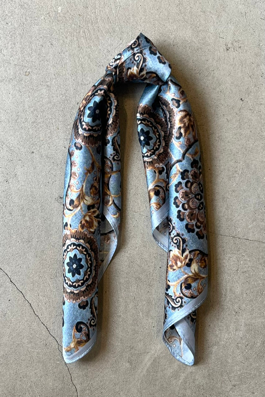 Silk scarf dove-blue/camel rococo flower