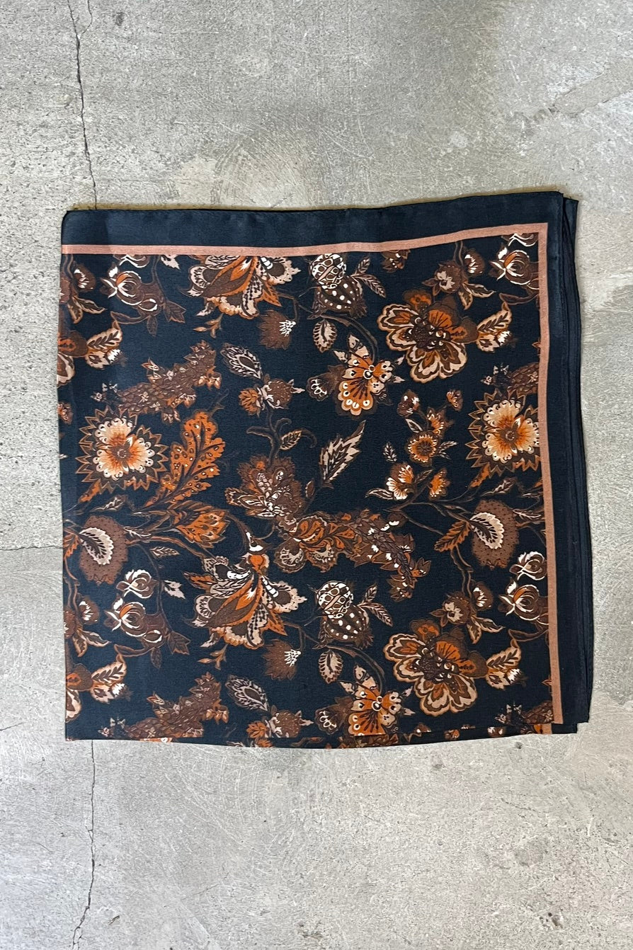 Silk scarf black/brown/rust flower