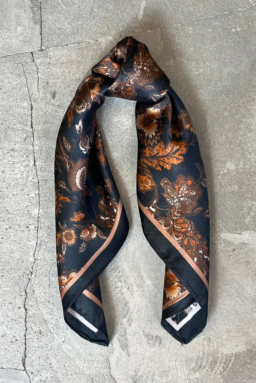 Silk scarf black/brown/rust flower