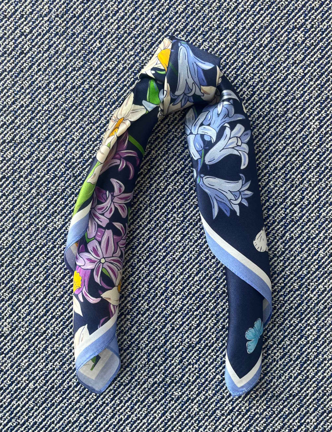 Silk scarf navy/purple/yellow flower
