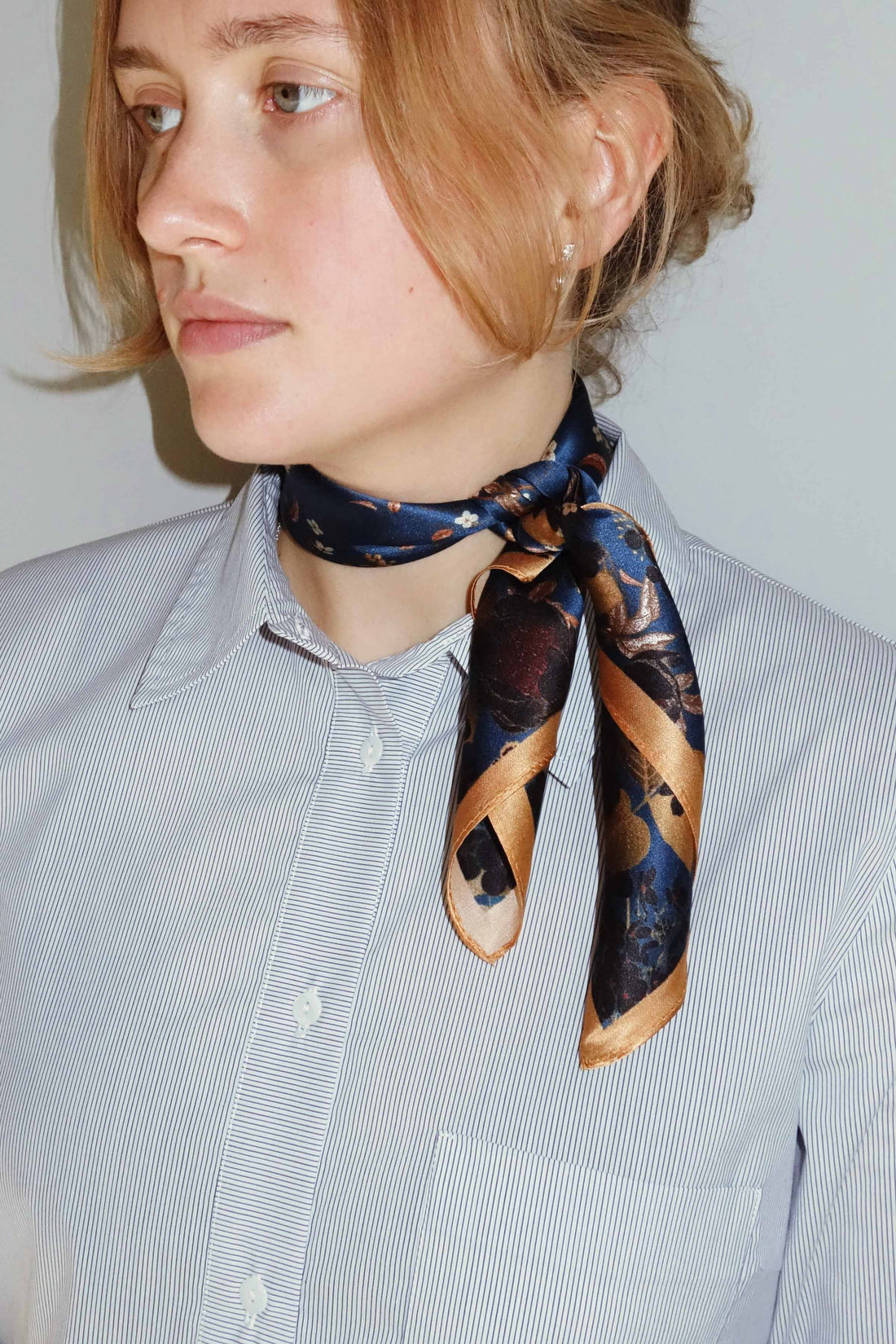 Silk scarf blue/golden brown flower/birds