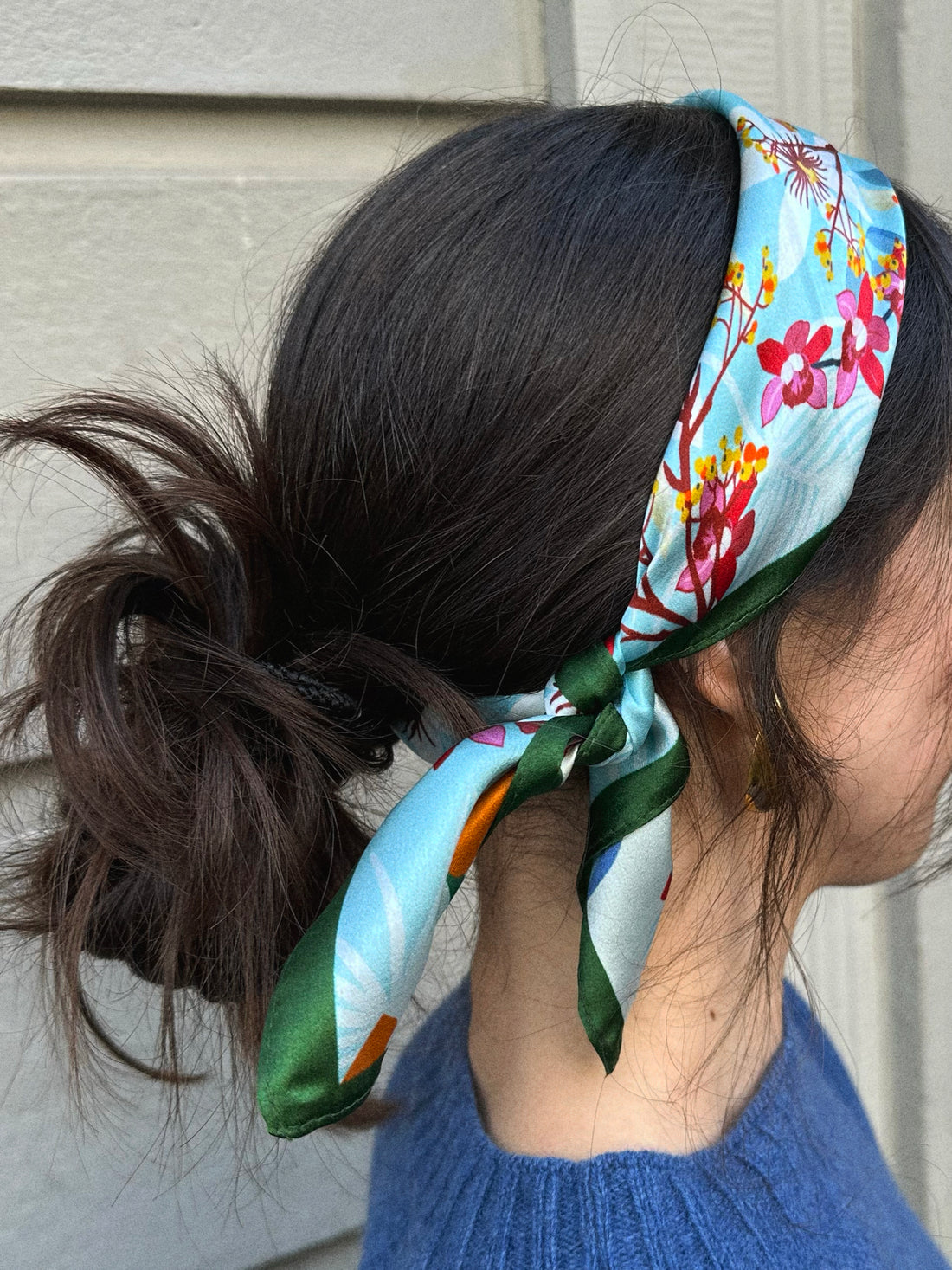Silk scarf cream/light blue multi flower