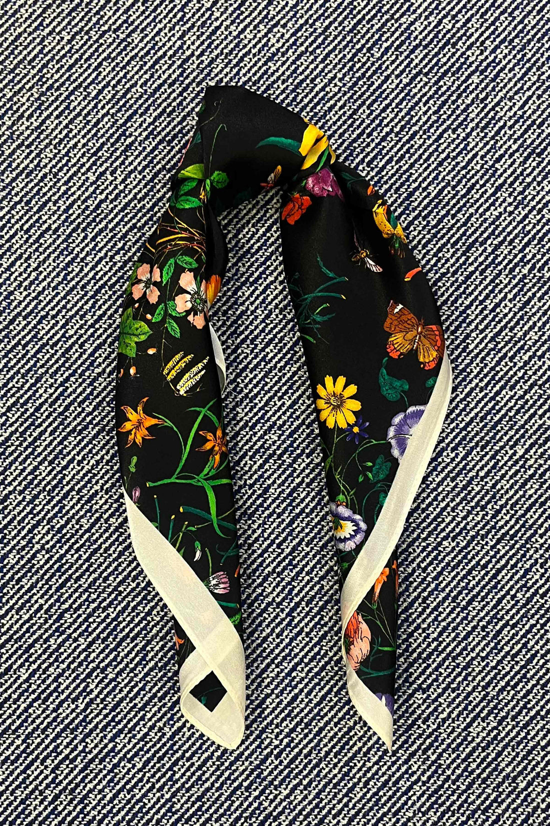 Silk scarf black multi flower