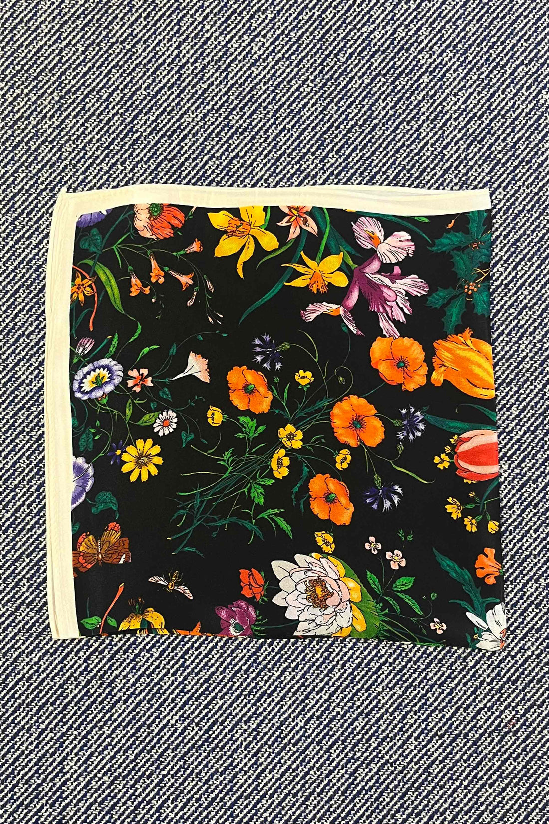 Silk scarf black multi flower
