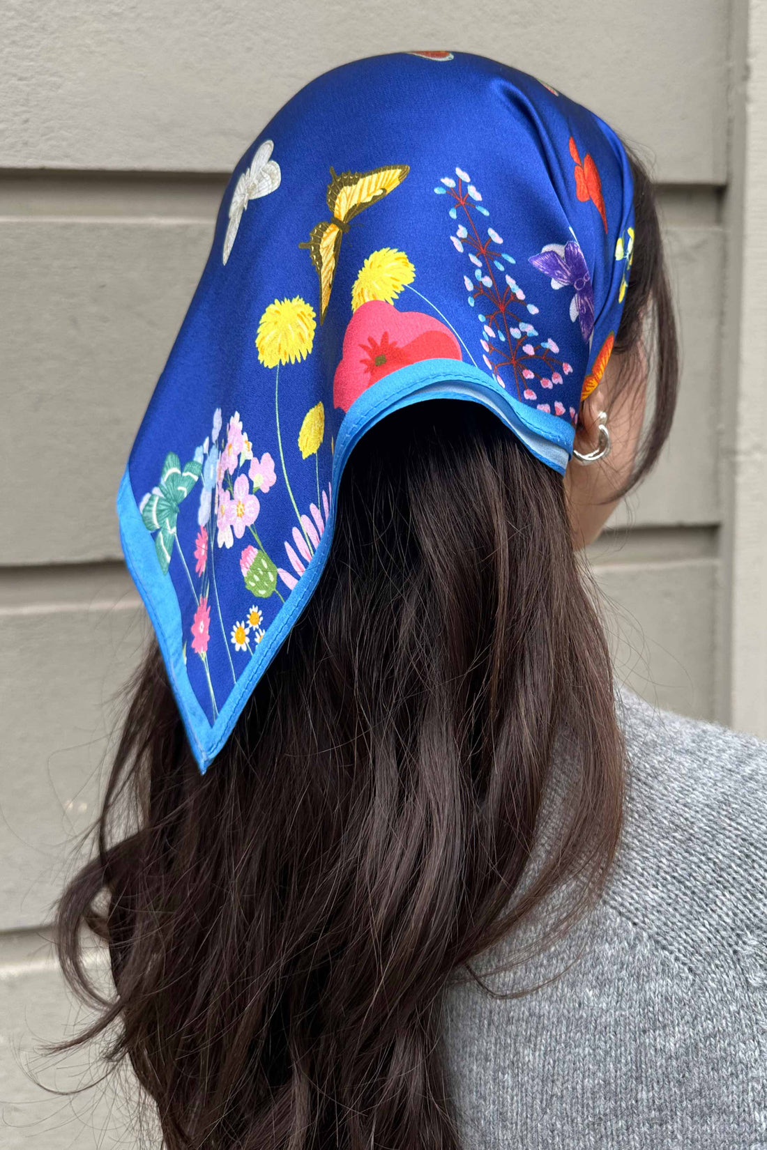 Silk scarf blue/rose/yellow multi flower/butterflies